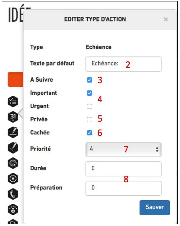 Menu d'édition de type d'action