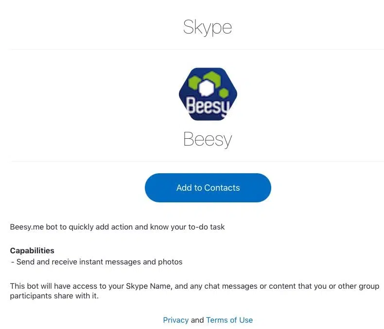 Installer votre chatbot Beesy, l'assistant intelligent des équipes - chatbot beesy connexion bot skype 1 - chatbot beesy