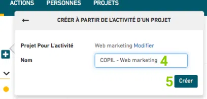 créer à partir de l'activité d'un projet